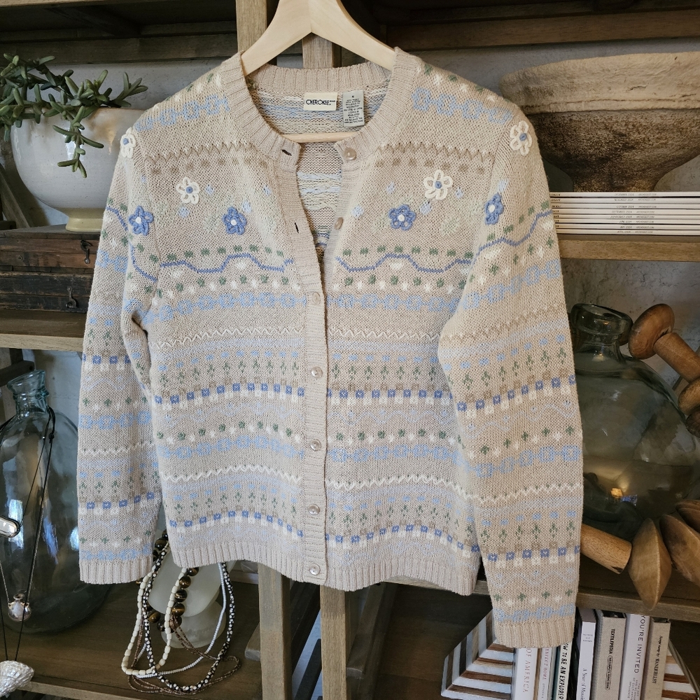 Vintage 90's Cottagecore Granny Cardigan Tan Sage Blue Crochet Floral Embroidery - Picture 9 of 9